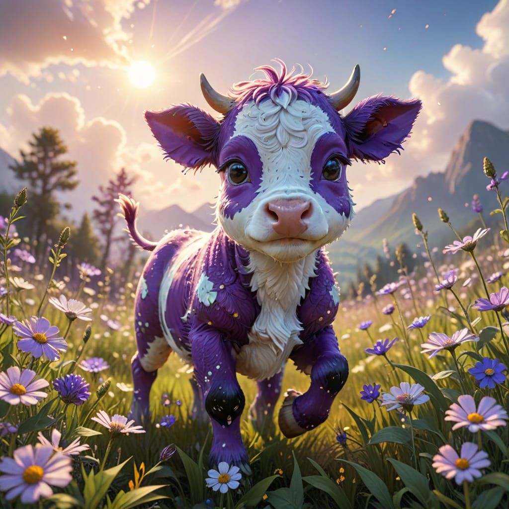 Chibi Cow in Psychedelic Pointillism Meadow