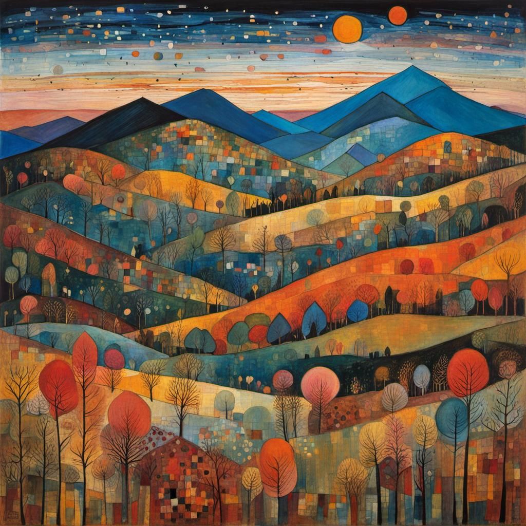 Mountains at Sunset in Art Brut Style