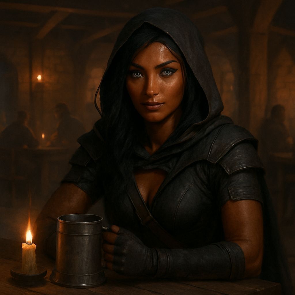 Female Rogue in Tavern with Long Black Hair