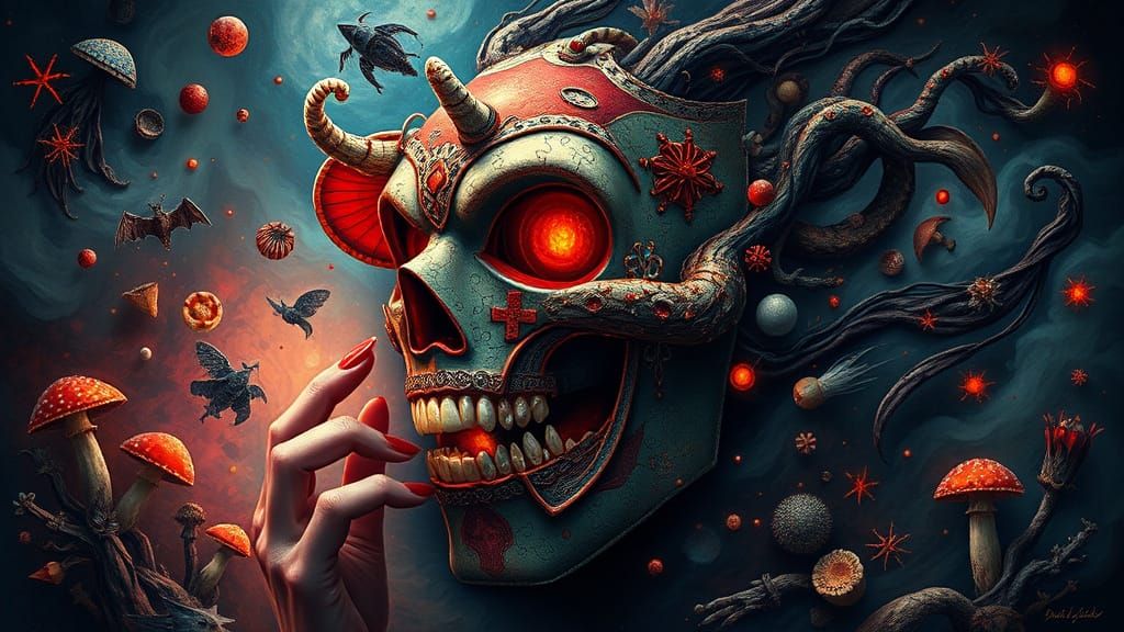 Ethereal Vampire Bites Glowing Amanita in Cosmic Bio-Art