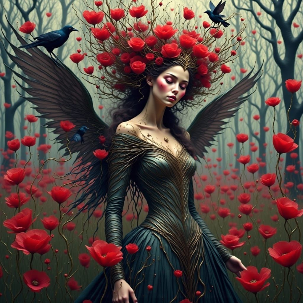 Vampire Queen in Poppy Field: Expressionist Oil Painting