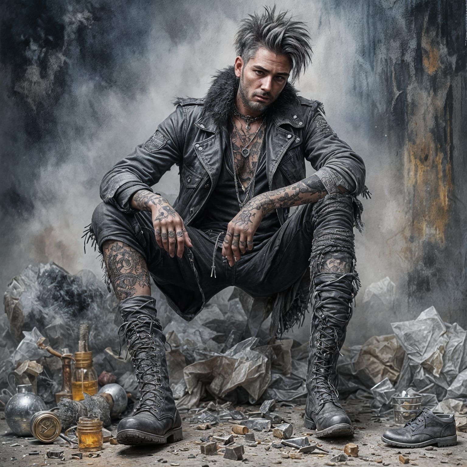 Rugged Homeless Man with Tattoos in Watercolor Style