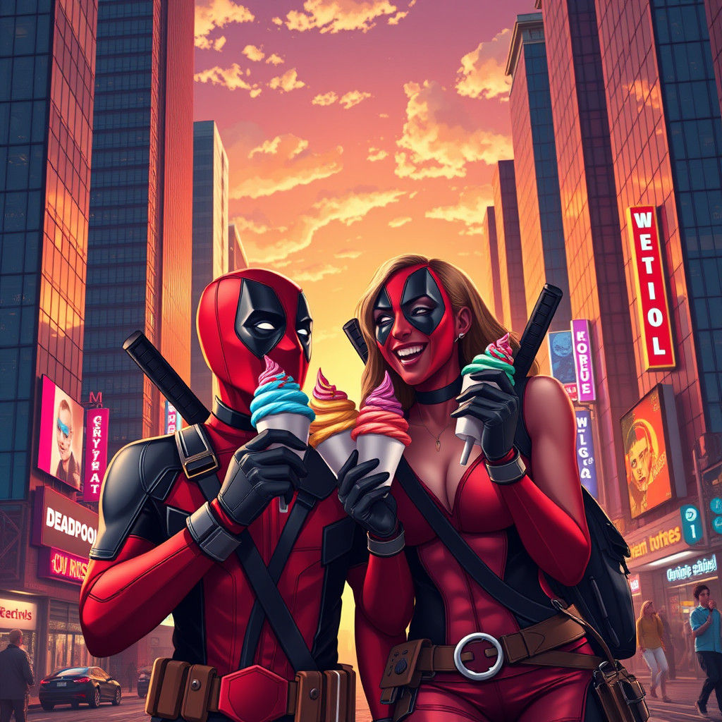 Deadpool and Girlfriend Enjoying Ice Cream, Comic Book Style