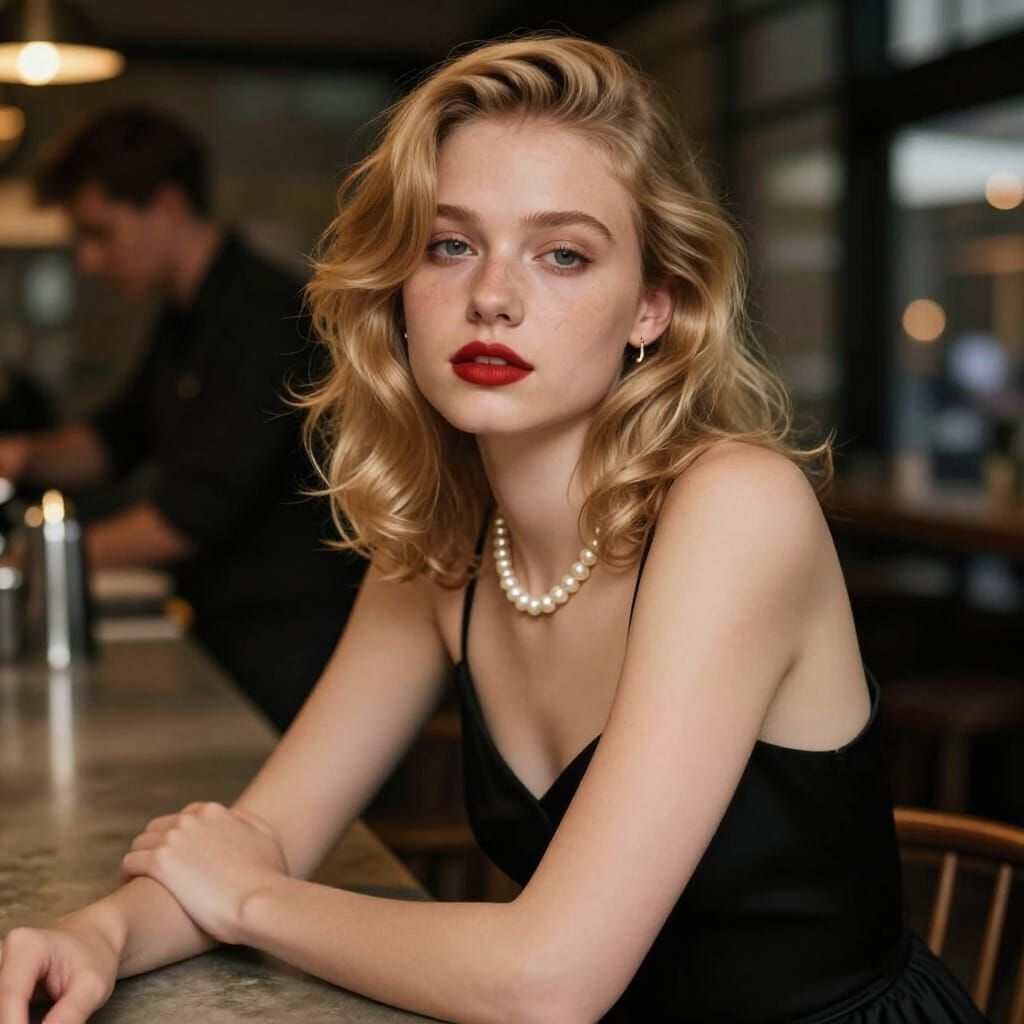 Elegant Woman at Cafe Bar Counter at Night