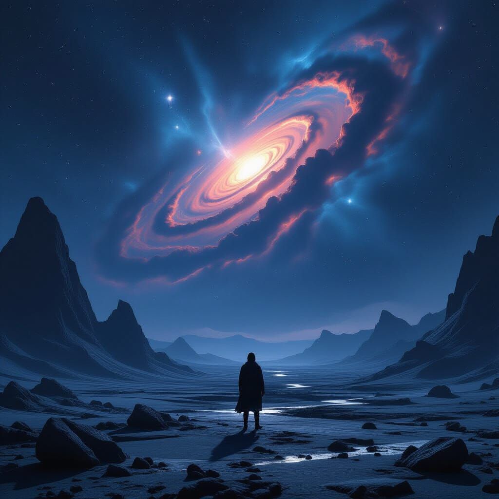 Figure Gazes at Nebula on Alien Planet