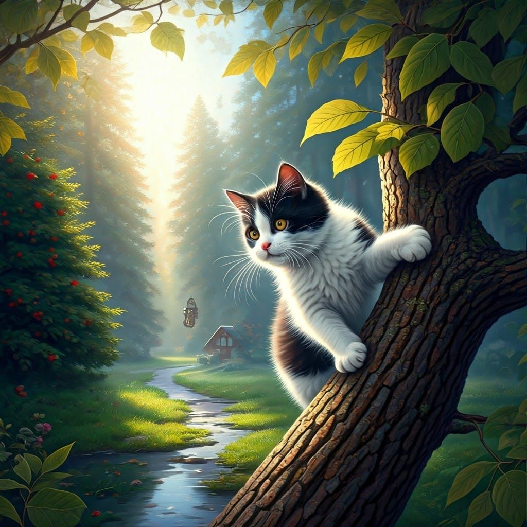 Ethereal Feline Climbs Tree in Sunlit Forest