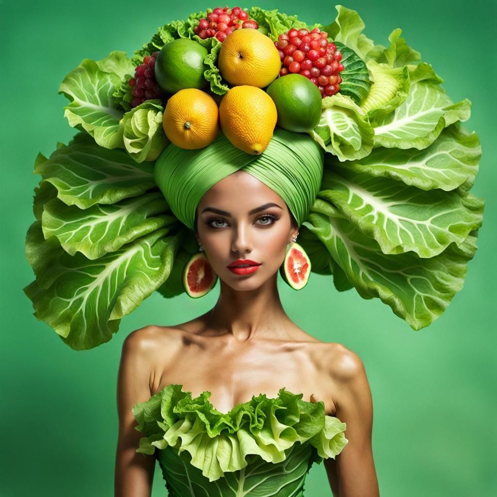 Radiant Woman in Lettuce Dress with Fruit Turban