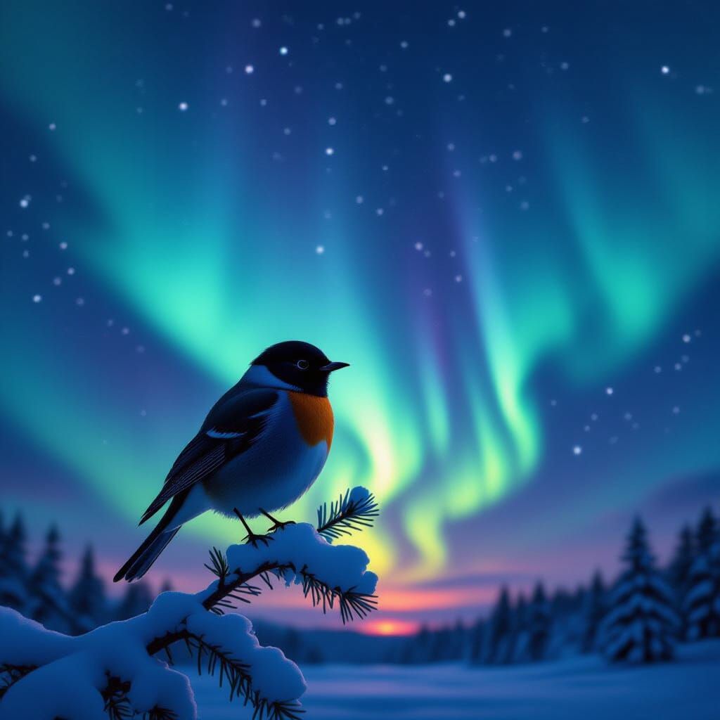 Robin Silhouetted Against Anime Aurora Borealis Sky