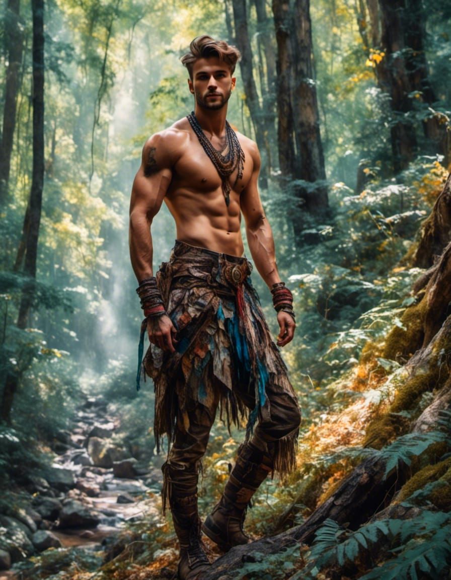 Shirtless Man in Maximalist Fantasy Forest