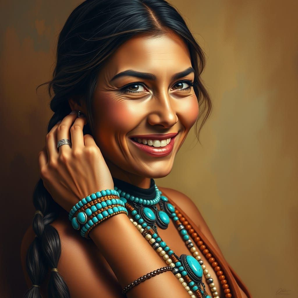 Native American Woman Portrait with Turquoise Jewelry