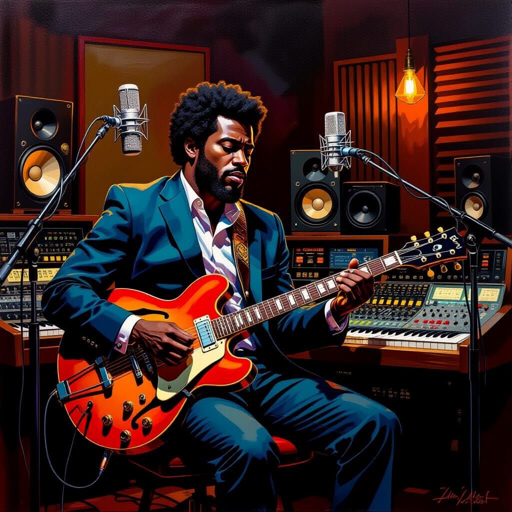 Black Musician Plays Guitar in Atmospheric Recording Studio