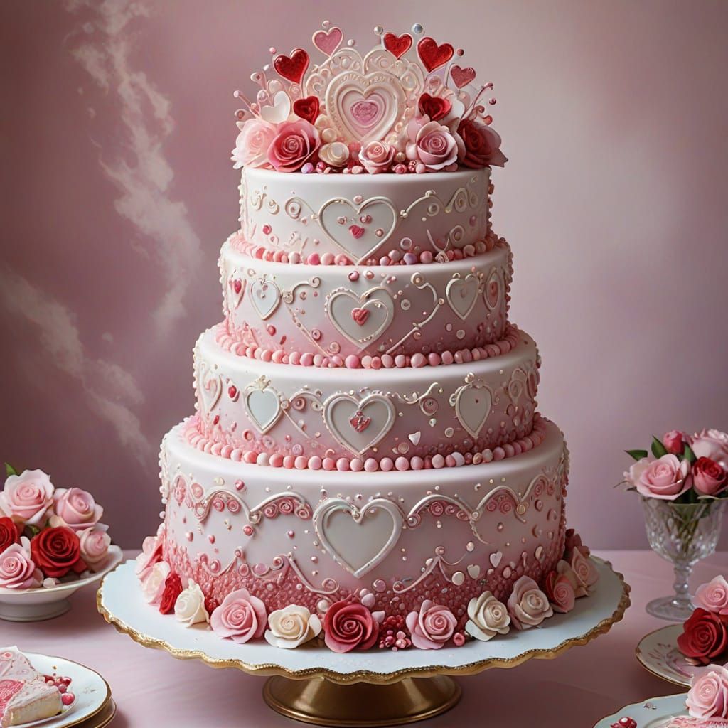 Surreal Pink Valentine Cake in Whimsical Hyperdetailed Style
