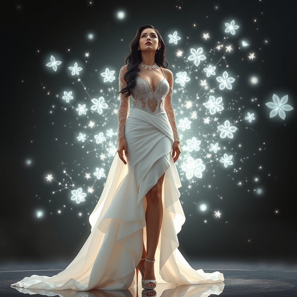 Ethereal Goddess in Majestic Evening Gown with Whimsical Aur...