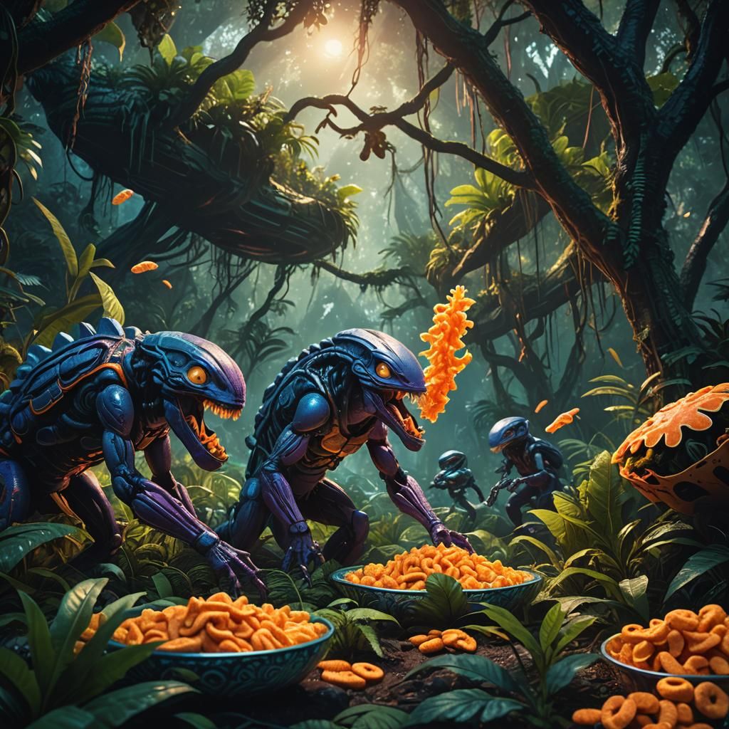 Aliens Eating Cheetos in Jungle Concept Art