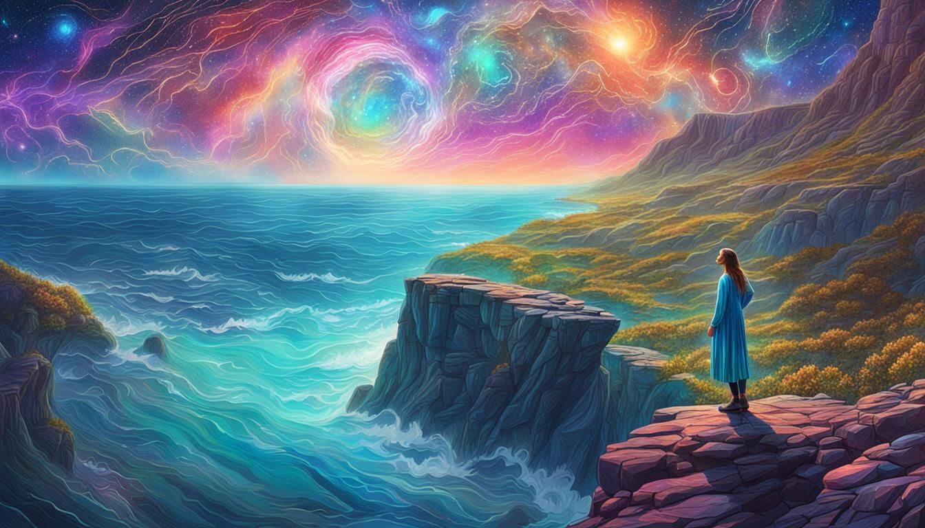Woman Gazing at Sea: Holographic Cosmic Illustration