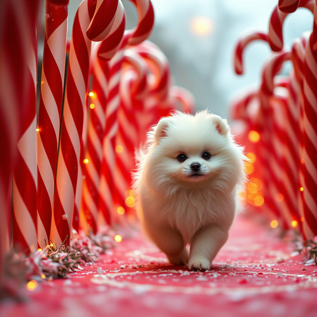 Pomeranian Puppy in Candy Cane Lane: Dreamlike Film