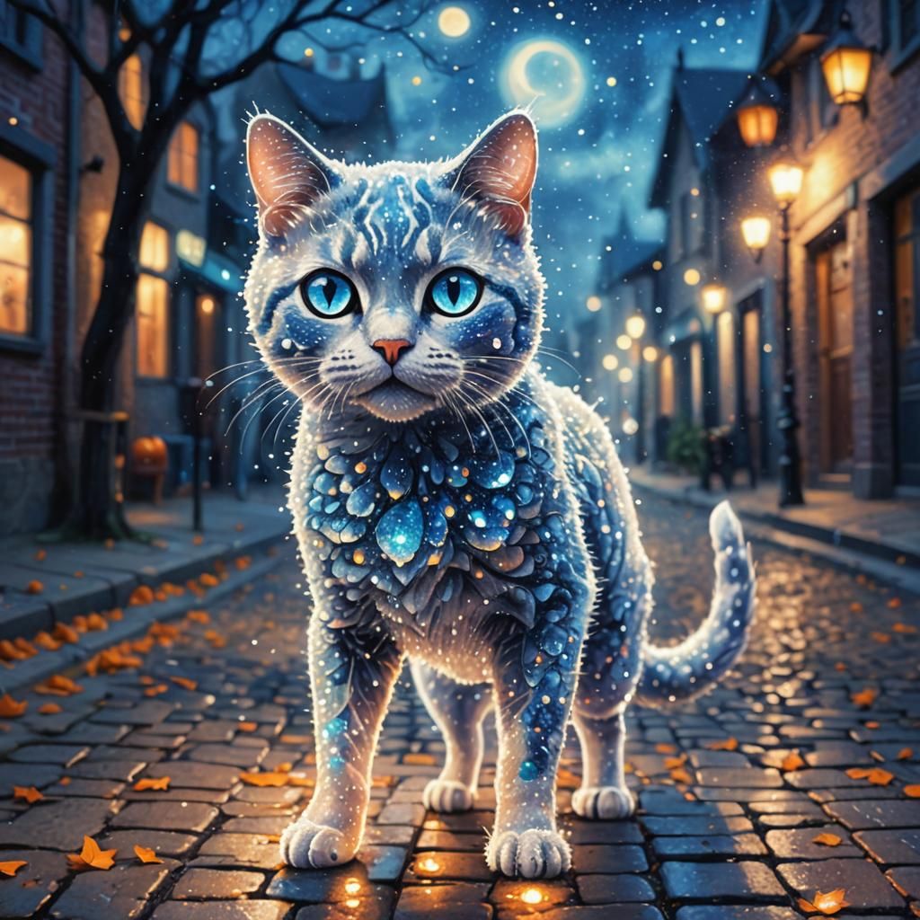 Ethereal Pointillist Cat on Halloween Street