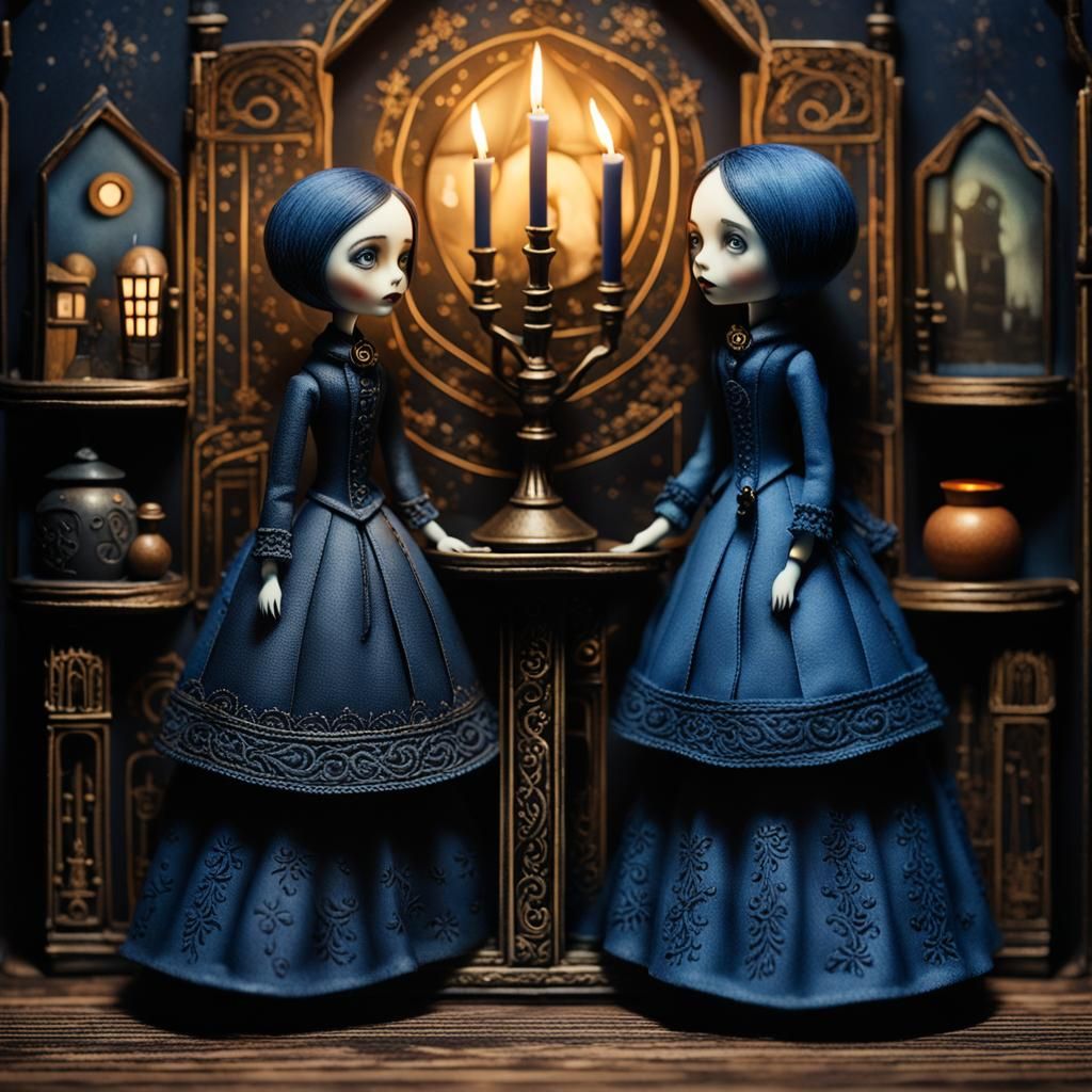 Gothic Dolls in Candlelit Dollhouse, Vintage Style