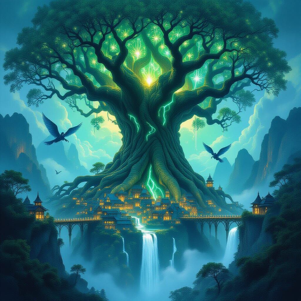 Bioluminescent Tree City in Fantasy Landscape