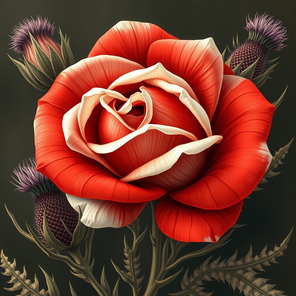 Silver Petaled Rose with Surreal Thistle: Line Art