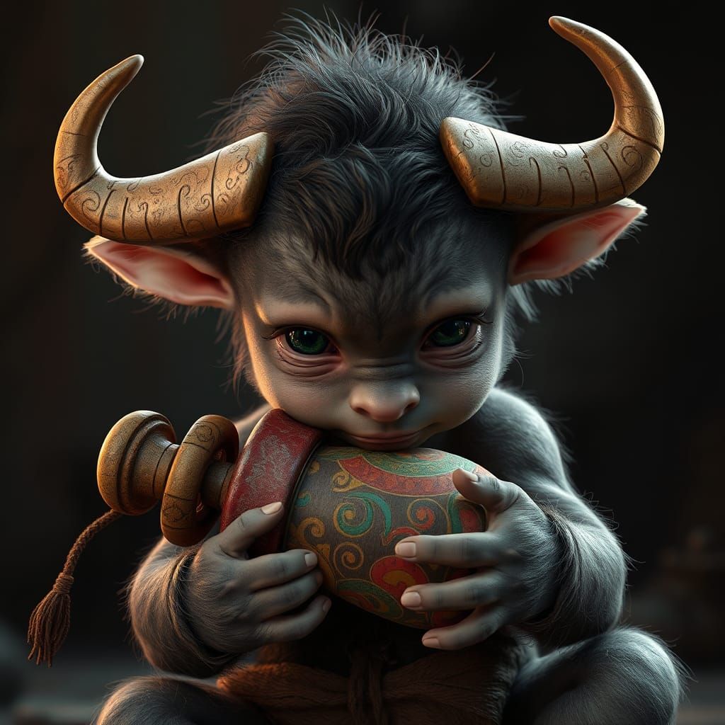 Baby Minotaur Portrait with Ornate Rattle