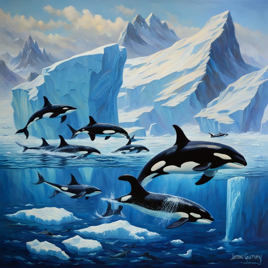 Orca Whales in Arctic Sea, Oil Painting