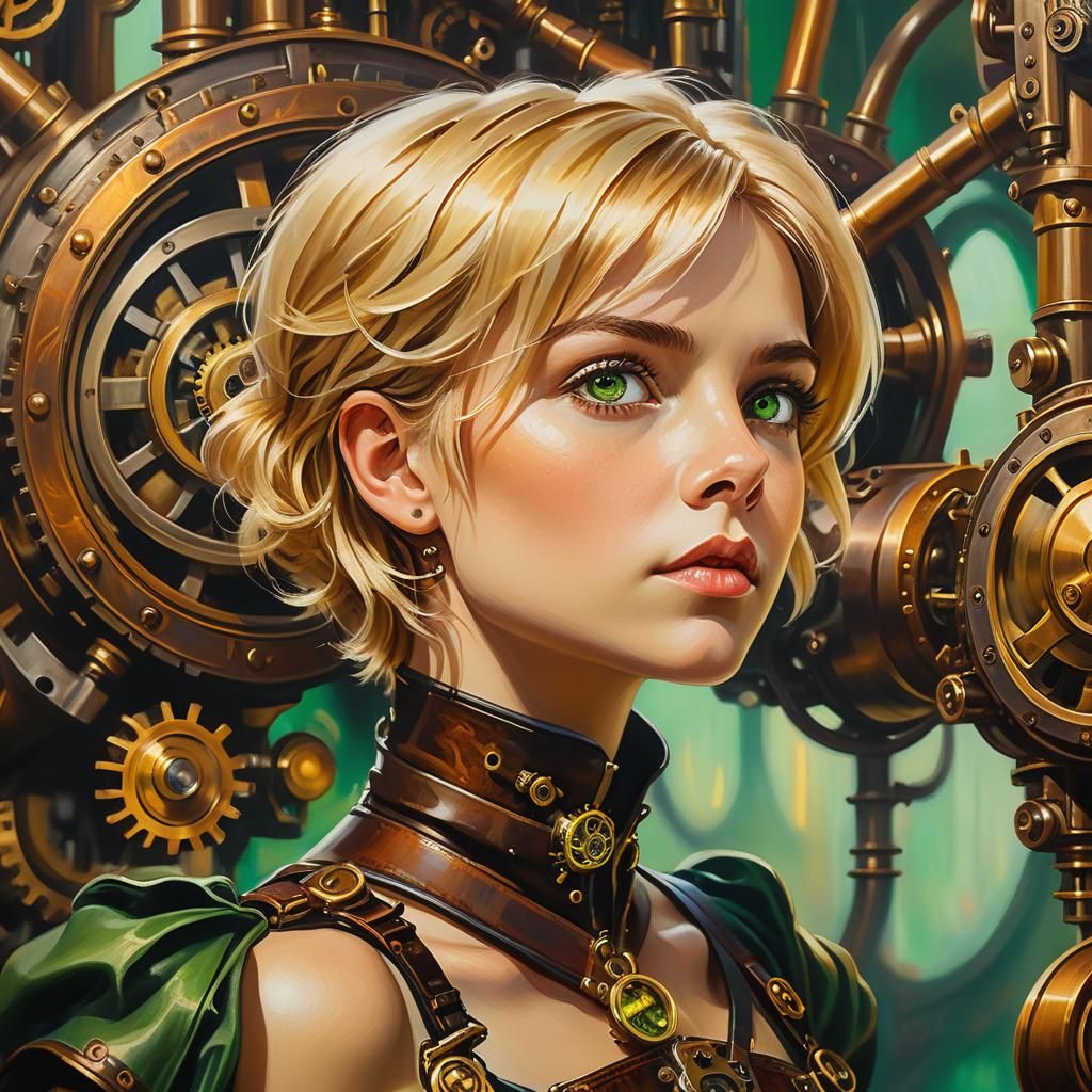 Steampunk Woman with Engine in Oil Painting Style