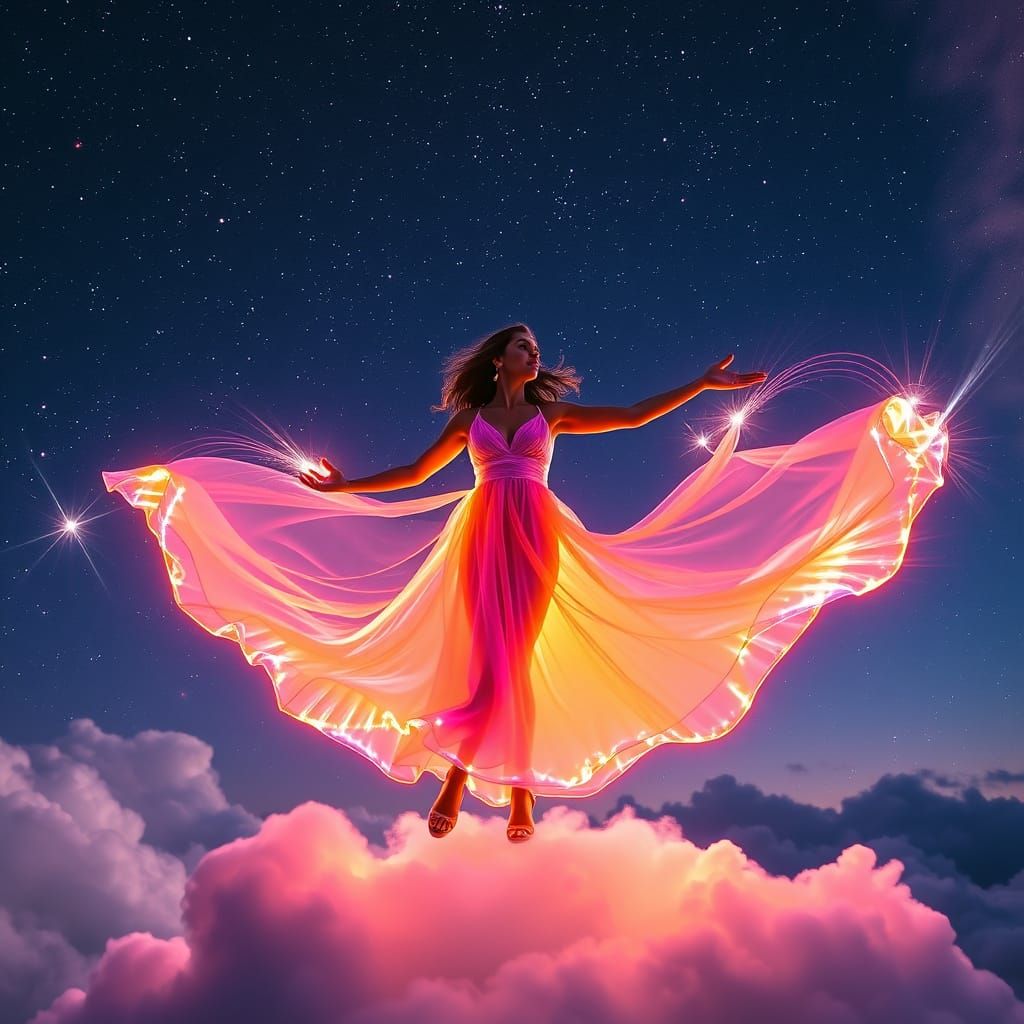 Neon Dancer Under Starry Sky in Digital Art Style