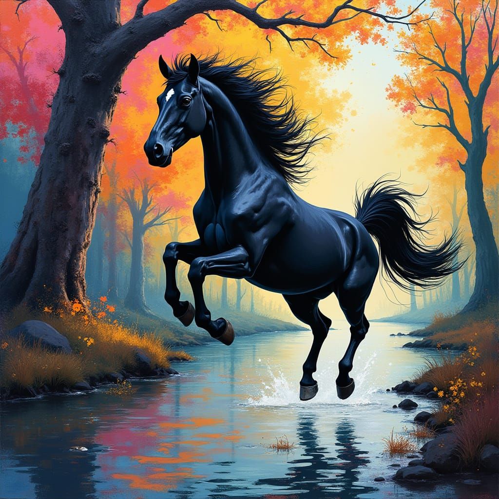Majestic Black Horse in Mid-Jump, Vibrant Graffiti Tree