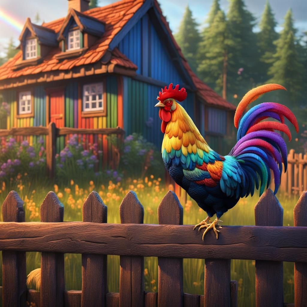 Rainbow Rooster on Fence: Detailed Matte Painting