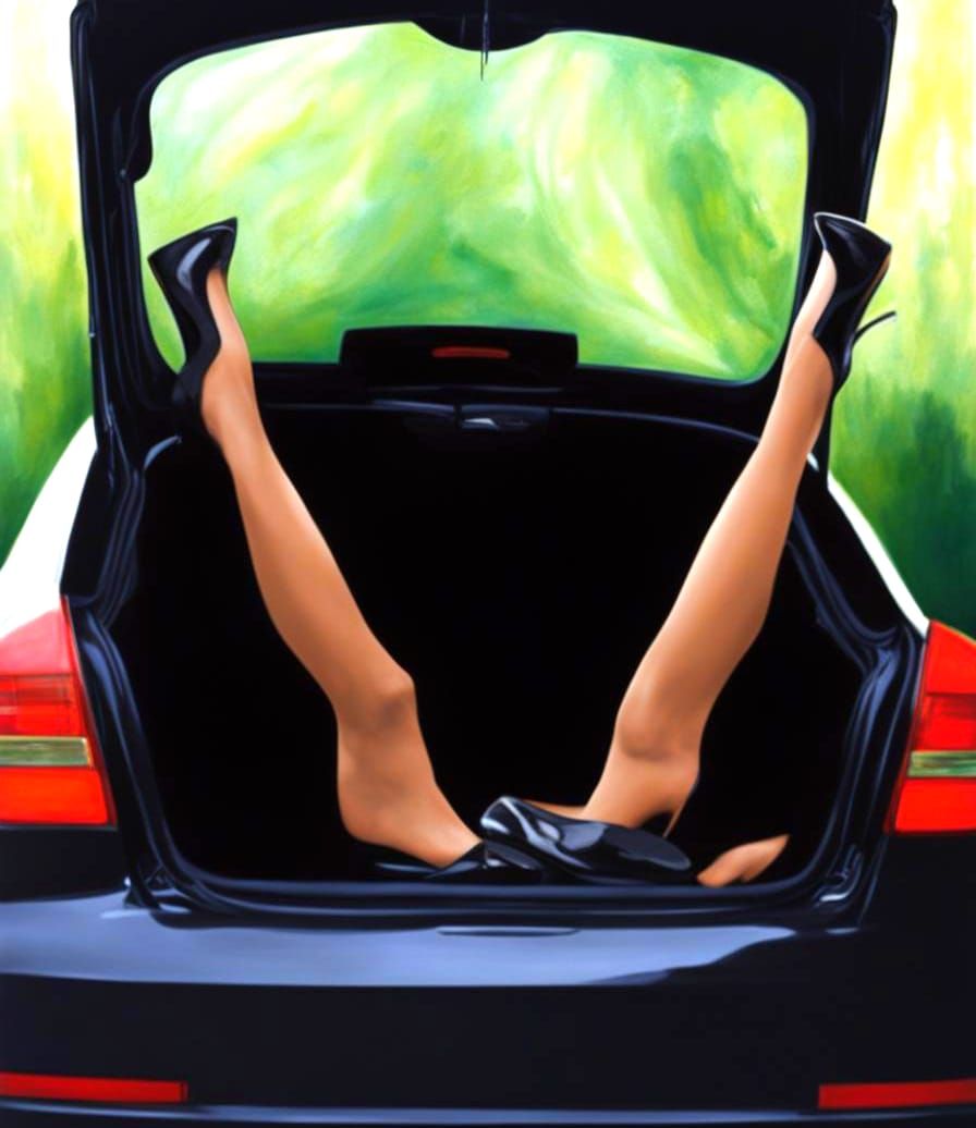 Surreal Car Trunk: Elegant Legs in a Dali-esque Dream