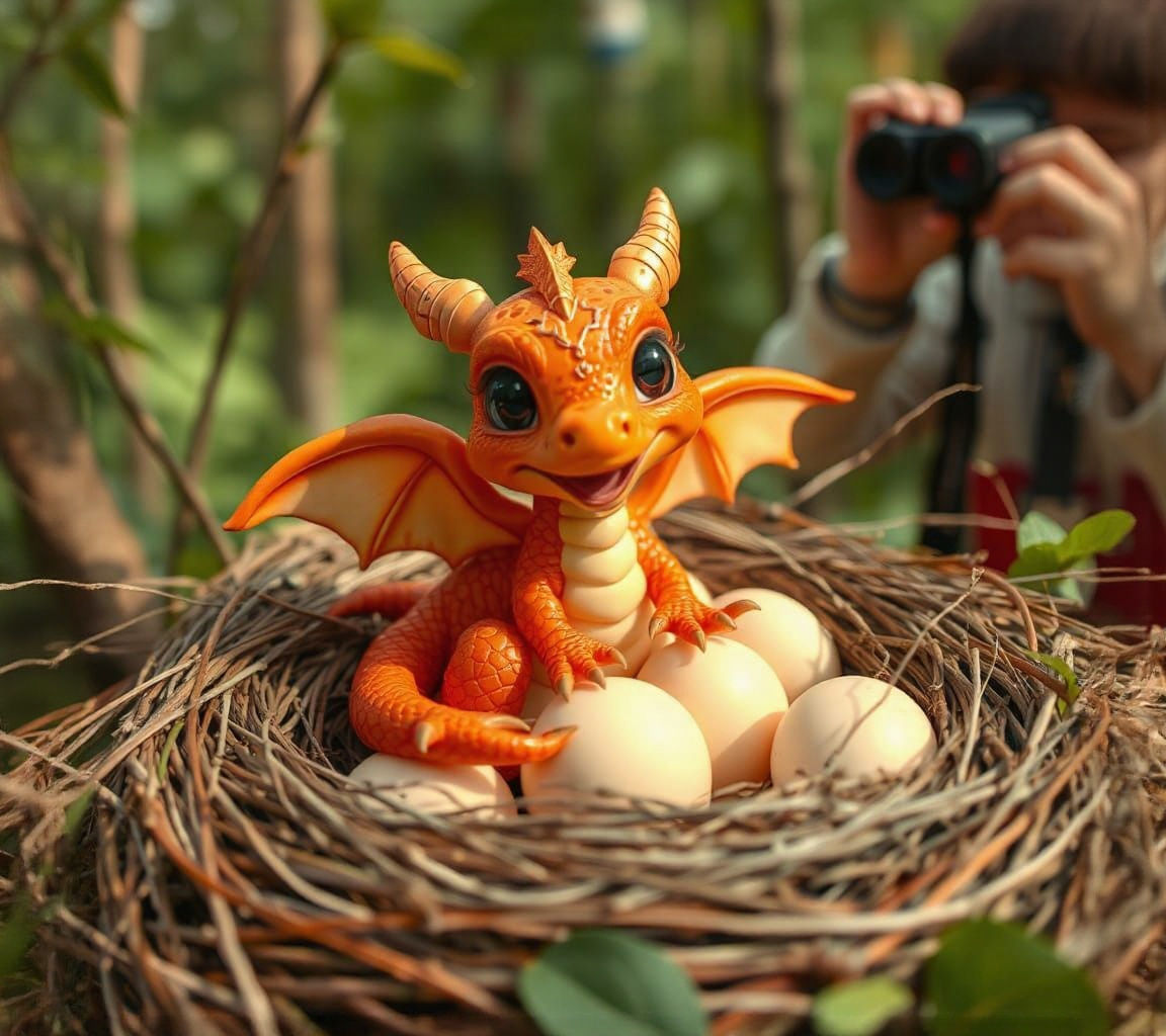 Cute Dragon Hatchling in Nest with Human Observer