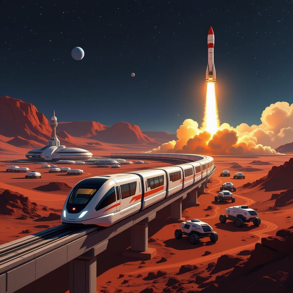 Futuristic Monorail Speeds Towards Martian Base with Rocket ...
