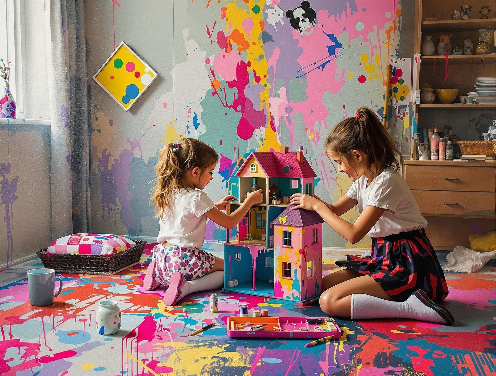 Girls Playing: Colorful Graffiti Street Art Painting