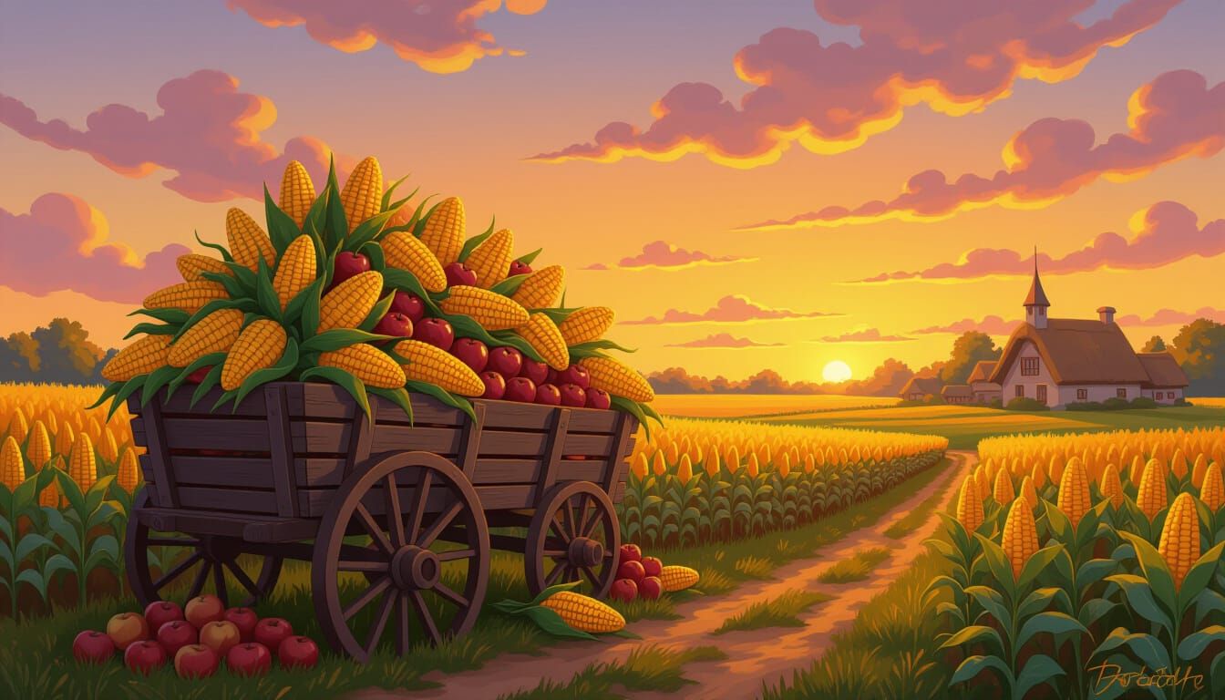Whimsical Harvest Landscape with Giant Corn and Apples