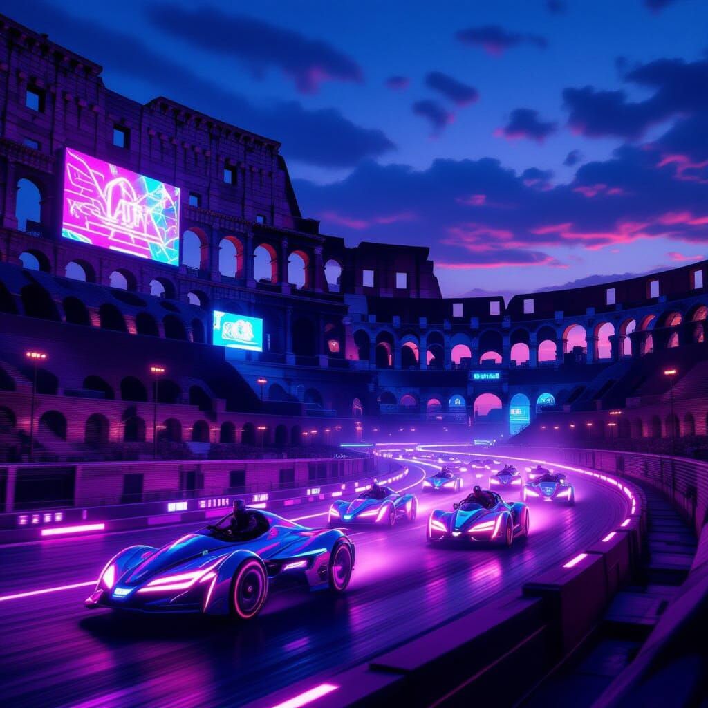 Futuristic Roman Chariots Race at Dusk