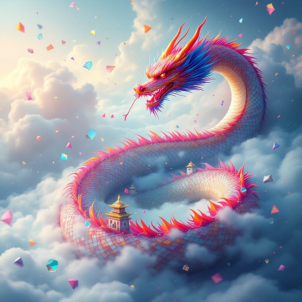 Dreamlike Digital Illustration of a Geometric Chinese Dragon...