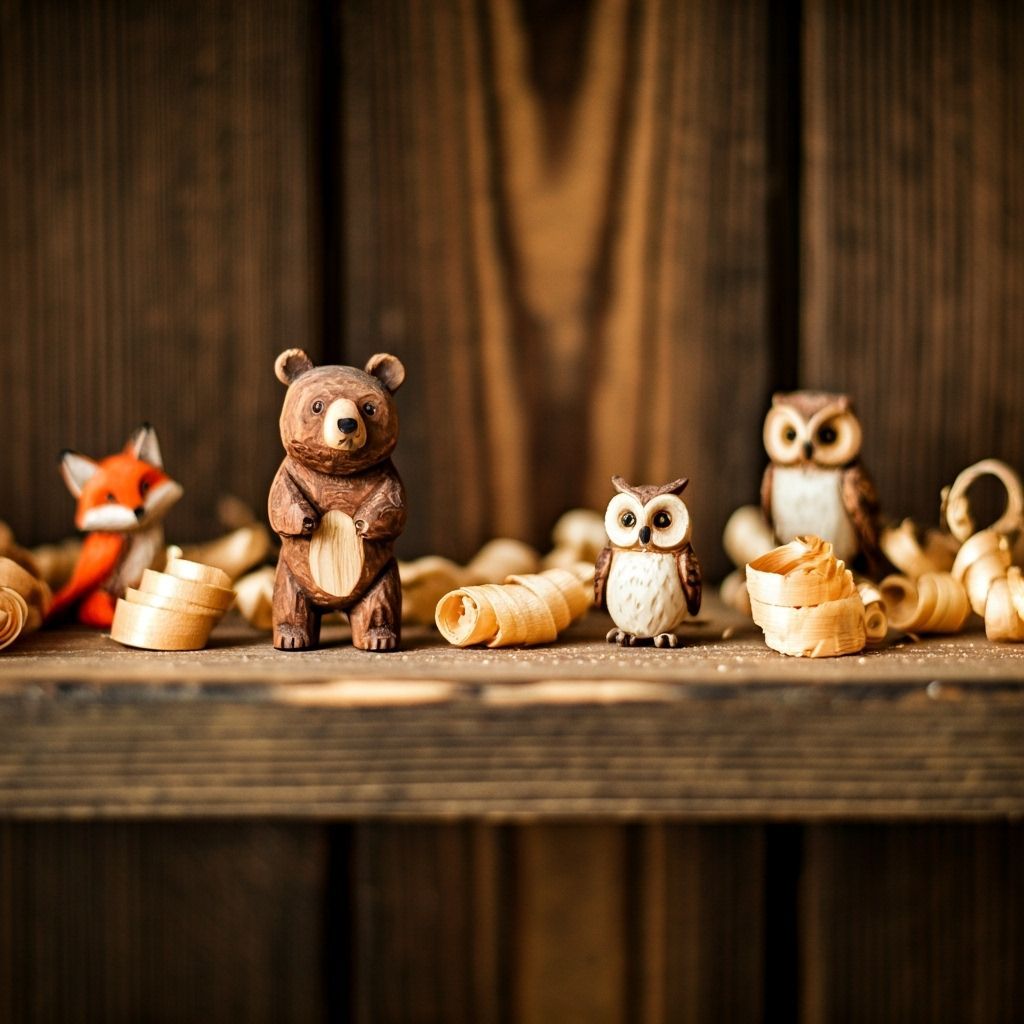 Intricate Wooden Animal Figurines on Rustic Shelf