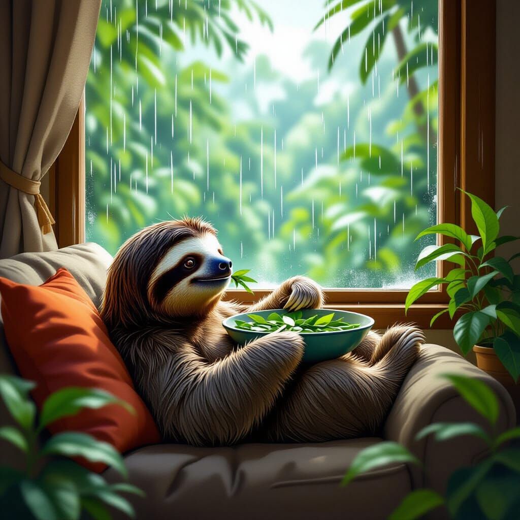 Sloth Relaxing Indoors With Jungle View
