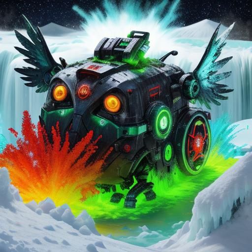 futuristic extremely vivid and colourful toy - smiling cyborg washing machine, large wings, glowing eyes, lush green mos...