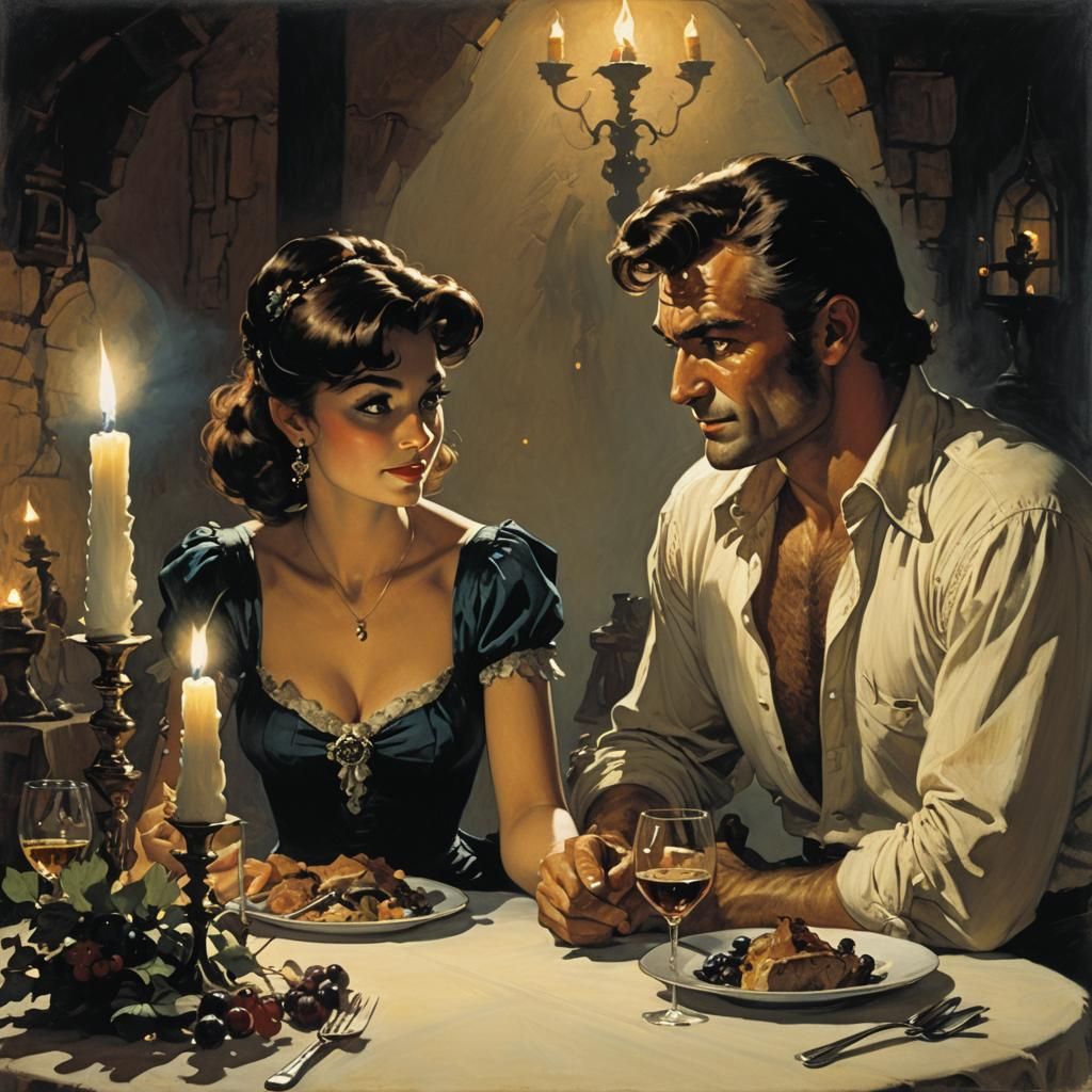 Romantic Dinner by Candlelight in Pulp Art Style