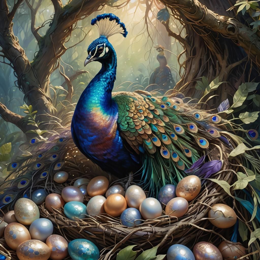 Peacock sitting on eggs in a bird's nest fantasy detailed matte painting, deep color, fantastical, intricate detail, spl...