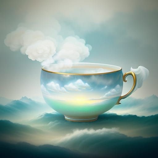 Surreal Dreamscape: Glowing Teacup Amongst Clouds