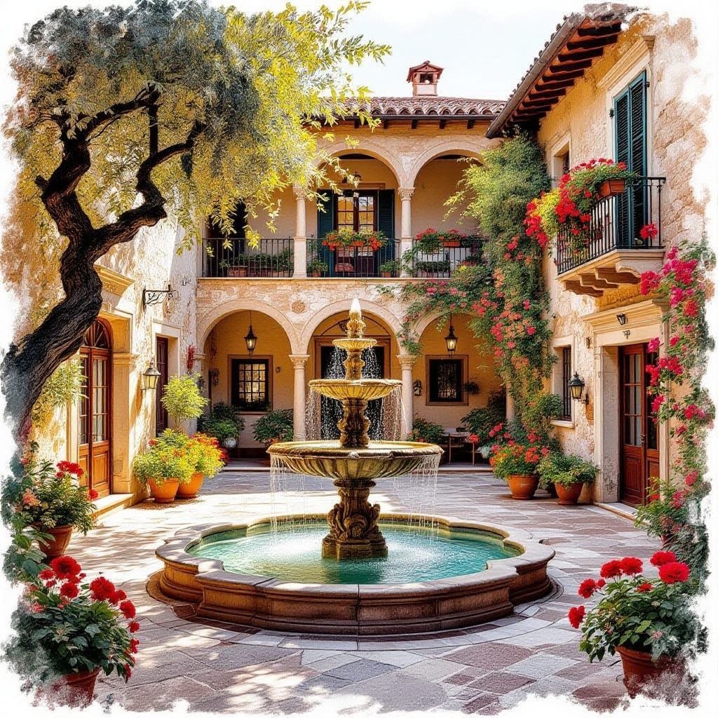 Epic Italian Courtyard in Vibrant, Painterly Style