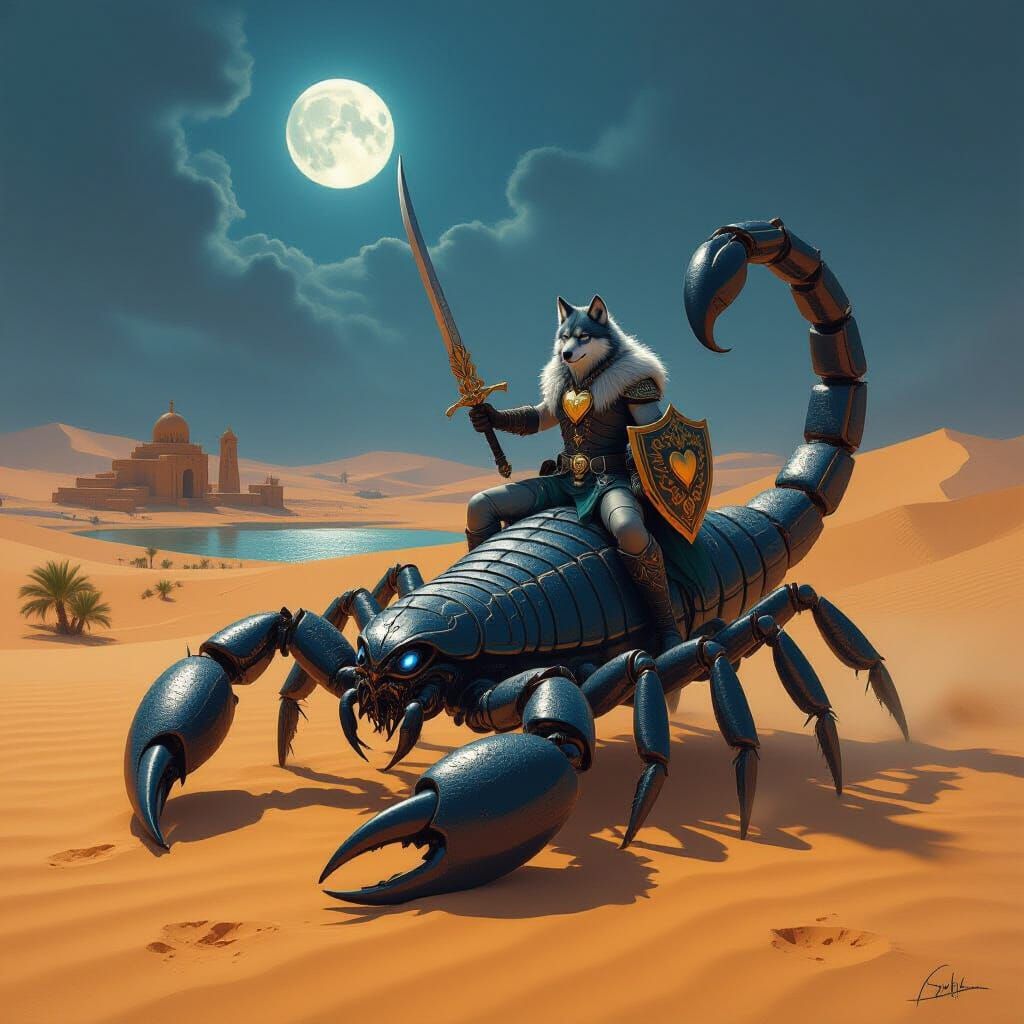 Scorpion Rider in Desert Oasis, Matte Painting Style
