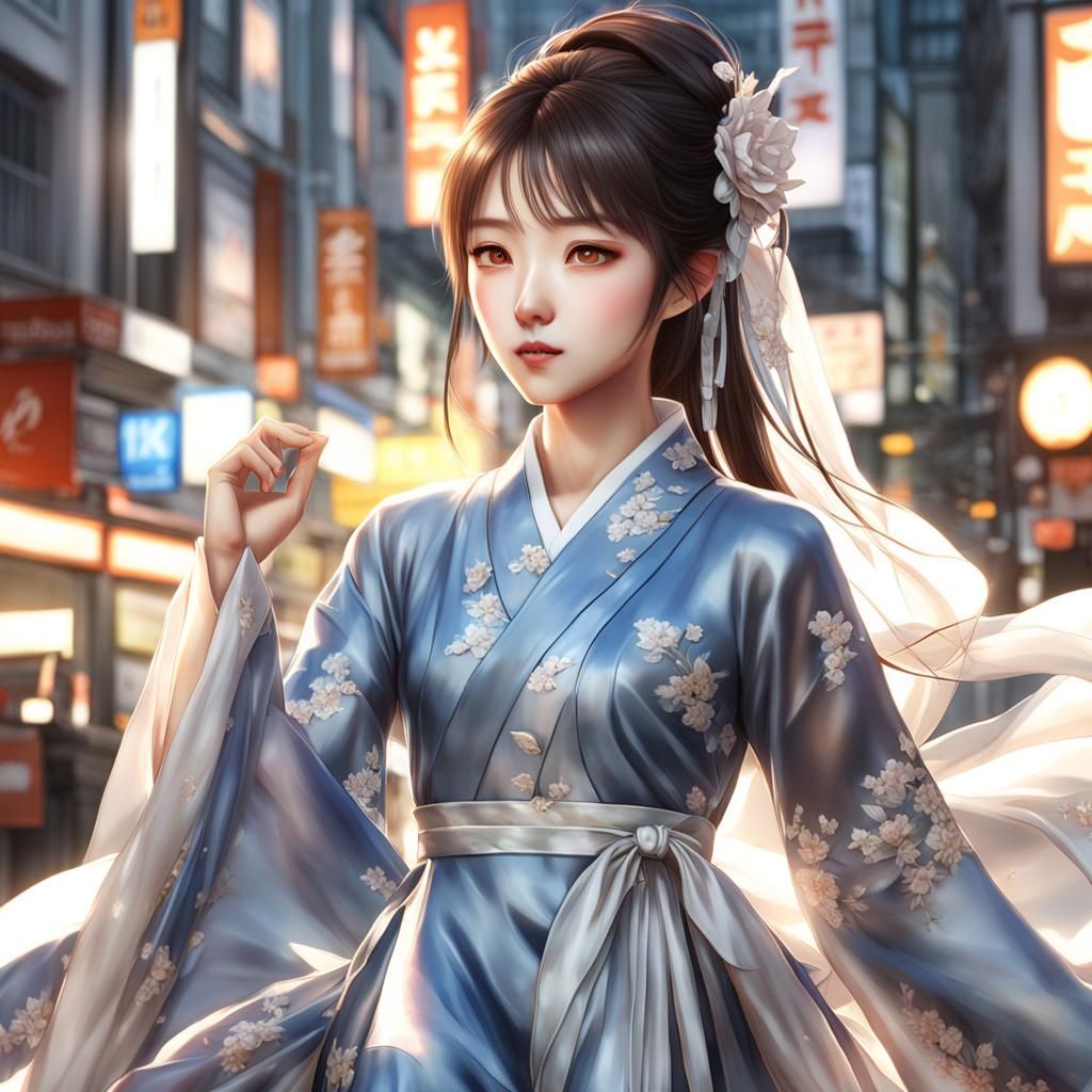 Pretty Korean Girl in Silk Dress: Anime Style