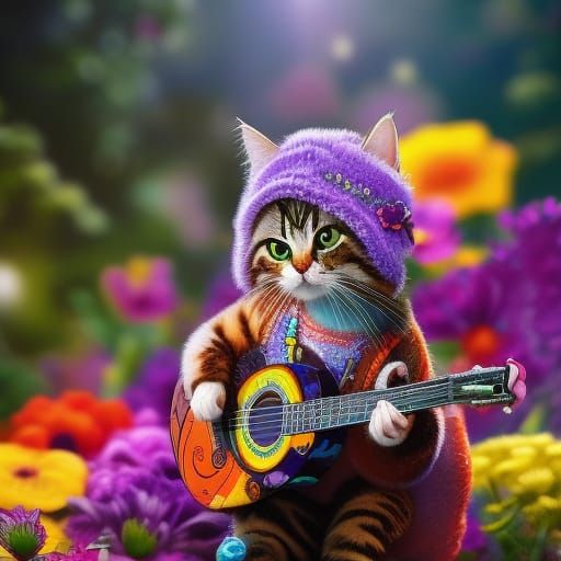Hippie Cat Playing Guitar in Flower Garden