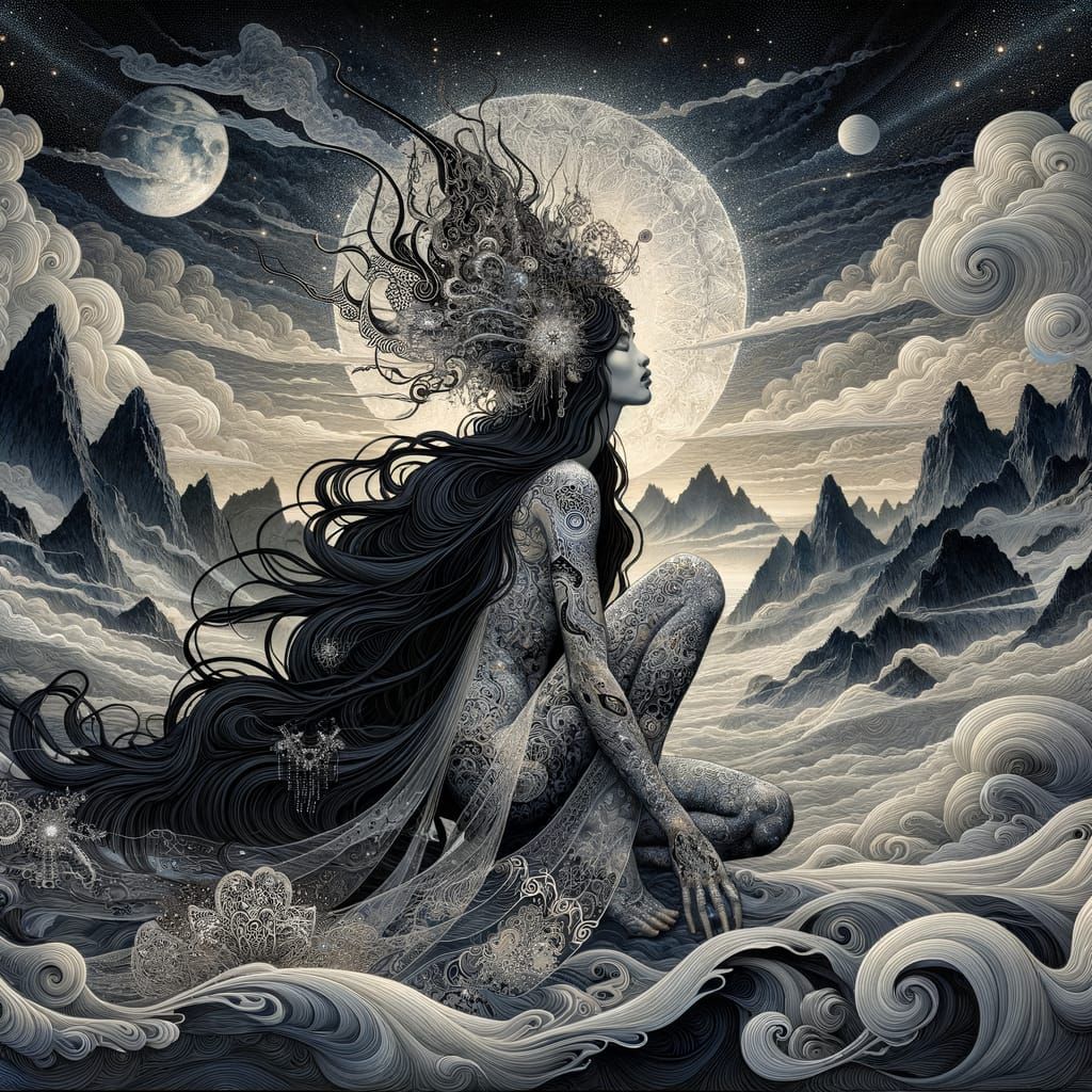 Mystic Figure Kneeling in Dreamlike Mountain Landscape