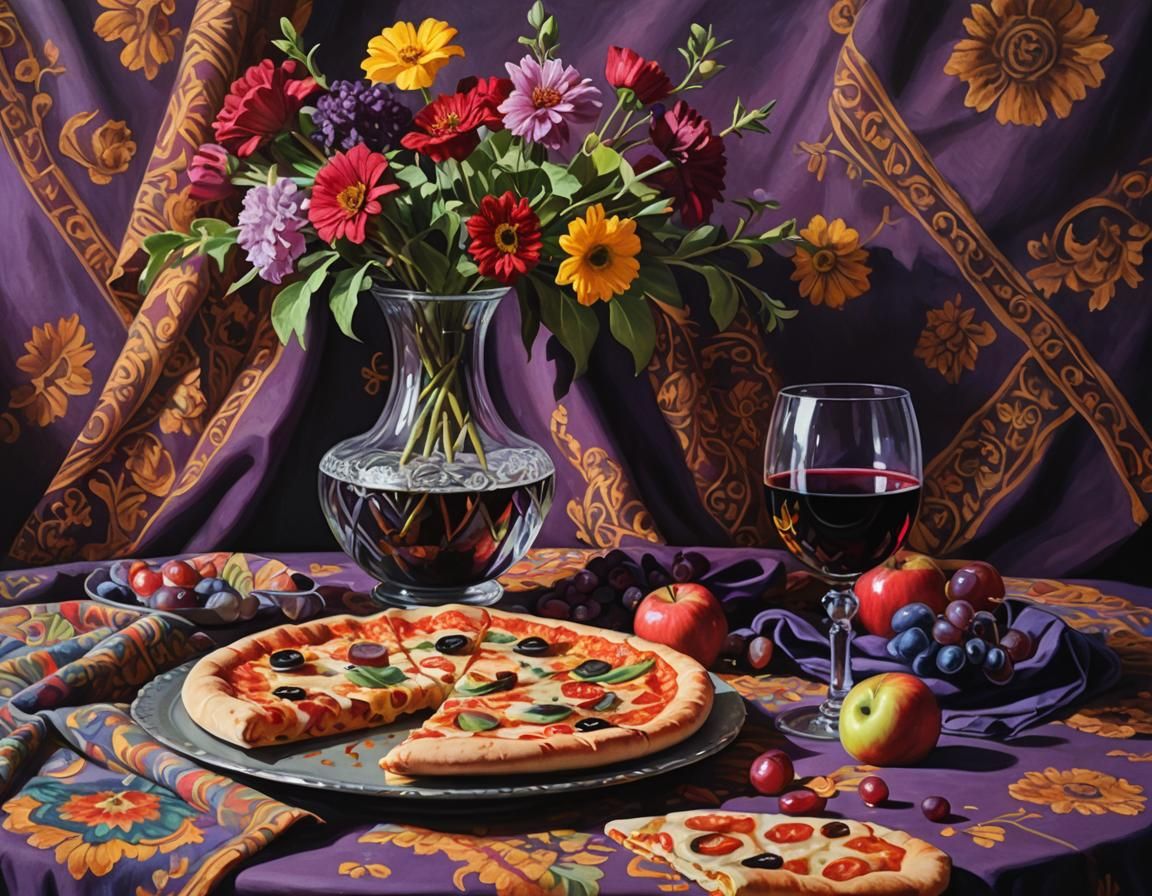 Still Life Oil Painting with Flowers and Wine