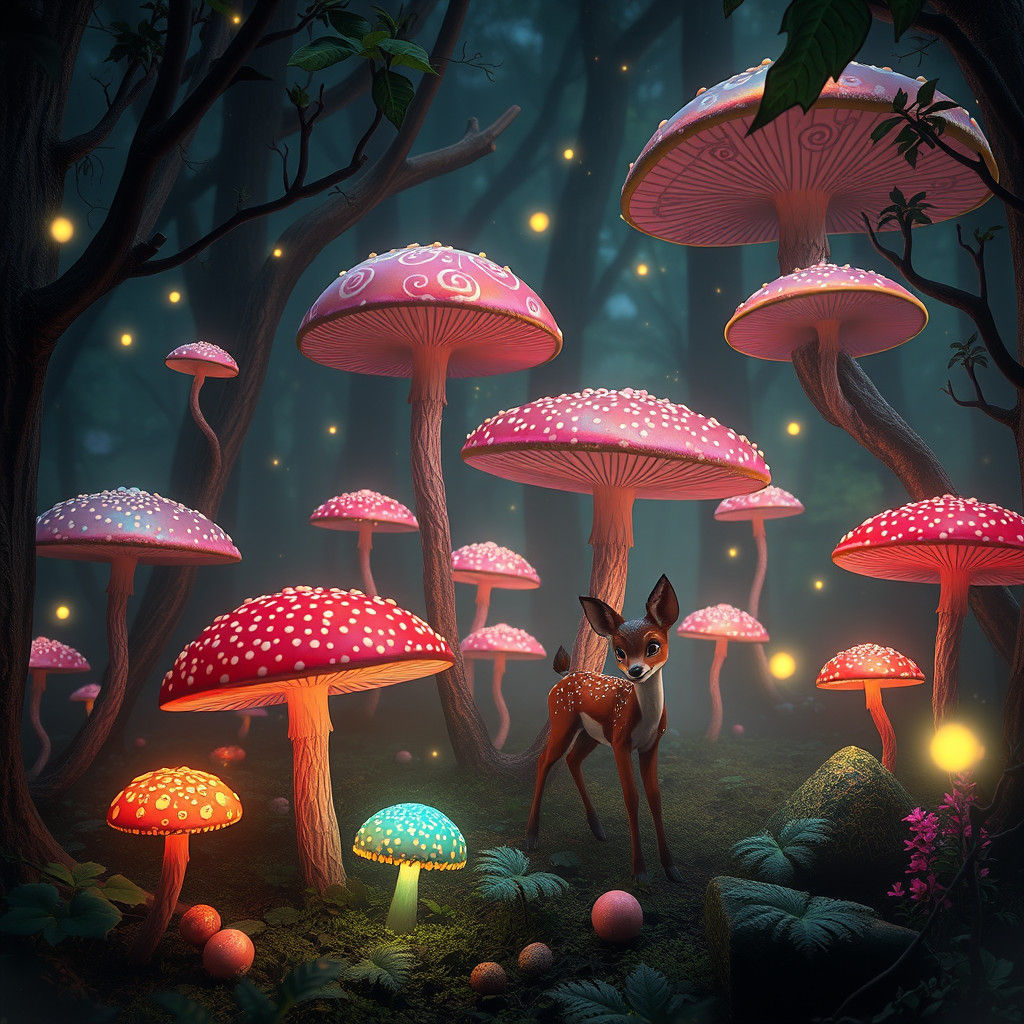 Magical Mushroom Forest with Fantasy Creatures in 3D